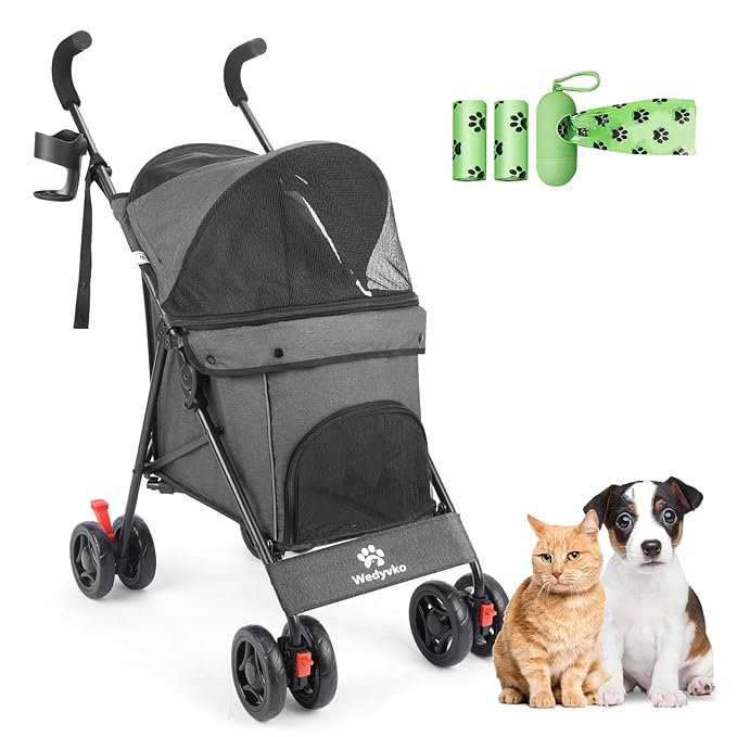 Pet Stroller for Small Dogs Medium Dogs 33lbs, Dog Pram Ultra Light - only 3.5 kg, Dog Stroller Pet Pram with 4 Wheel Foldable/Storage Basket/Cup Holder-P07