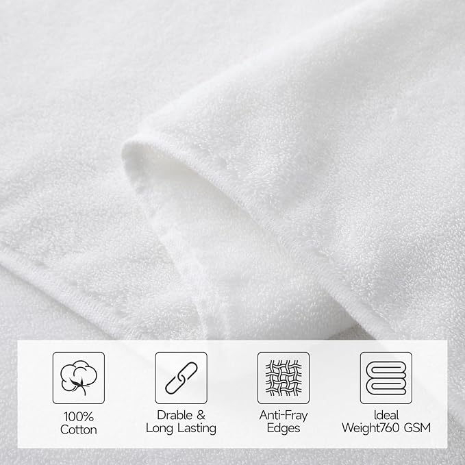 REDKISS Large Bath Towels Set 2 Piece, 100% Cotton, 31x63 in,Heavyweight 760G, Highly Absorbent & Quick Dry, Super Soft Luxury Shower Towels for Bathroom,Hotel Collection - White