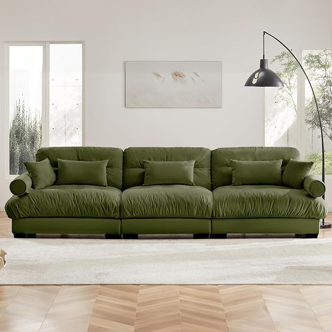 130" Oversized Couch, 3 Seater Modular Sectional Sofa, Olive Large Sectional Couches for Living Room, Fluffy Couch Set, 3 Seater Velvet Cloud Couches with 5 Pillows, Deep Seat Sofas for Living Room