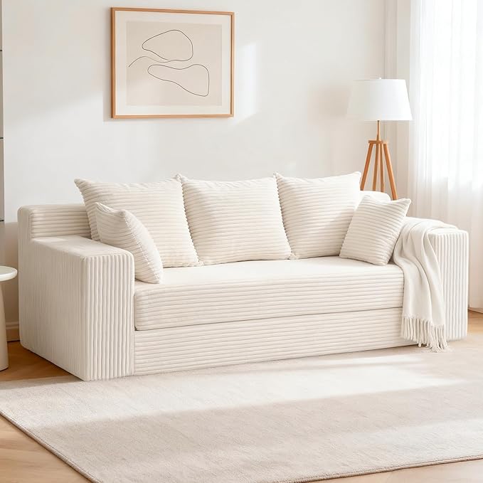 3 Seater Boneless Couch for Living Room, Convertible Futon Sofa Bed Comfy Pull Out Couch with 5 Pillows & Detachable Washable Cover, Upholstered Floor Sofa in A Box, No Assembly Required, Beige