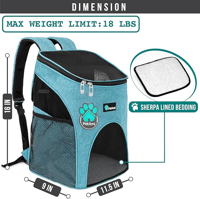 PetAmi Small Dogs and Cat Backpack Carrier, Airline Approved Pet Backpack Carrier, Ventilated, Safety Strap, Buckle Support Designed for Hiking Travel Camping Outdoor, Max 18 lbs (Sea Blue)
