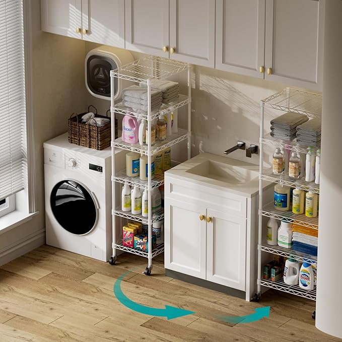 SINGAYE 6 Shelves Storage Shelf Wire Closet Bathroom Organizers Metal Pantry Kitchen Small Garage Shelving Unit Laundry Room Organization Home Narrow Rack Net Basket with Wheels White