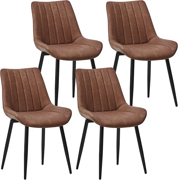 Dining Chairs Set of 4, Faux Leather Modern Linear Design Dining Chair with Metal Legs, 16.9" Seat Width Chair for Kitchen, Lounge, Reception Room, Restaurant, Commercial (Brown)