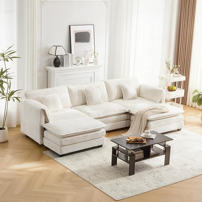 112" U Shaped Modular Sectional Sofa, 3 Seater Comfy Cloud Couch with Movable Ottoman, Deep Seat Couches for Living Room, Bedroom, Apartment (Beige)