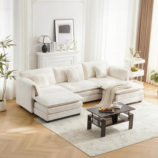 112" U Shaped Modular Sectional Sofa, 3 Seater Comfy Cloud Couch with Movable Ottoman, Deep Seat Couches for Living Room, Bedroom, Apartment (Beige)