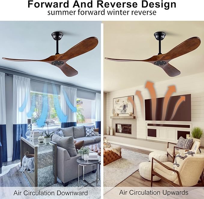 52 inch Ceiling Fan without Light, Quiet Reversible DC Motor Wood Ceiling Fan no Light, 3 Blades Modern Ceiling Fan with Remote Control for Outdoor Indoor Farmhouse Patios