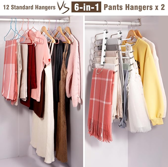 4 Pack 6-Tier Space Saving White Pant Hangers, Anti-Slip, Lightweight, Stainless Steel, Ideal for Closet Organization, Free Installation