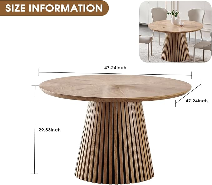 Round Dining Table for 6,Mid-Century Modern Wood Dining Table with Stable Pedestal,47'' Farmhouse Dining Room Table Ideal for Kitchen