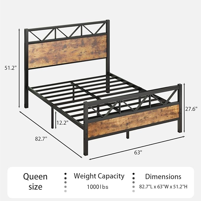 Queen Size Frame with 51.2" Tall Headboard, Platform Bed Frame with Metal Support, Solid and Stable, Noise Free, No Box Spring Needed, Rustic Brown