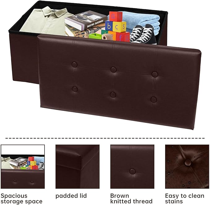 30 Inches Folding Storage Ottoman Bench, Faux Leather Footstool Ottoman, Storage Trunk Footrest for Bedroom, Living Room and Hallway, Support 350lbs, Brown(Brown line)