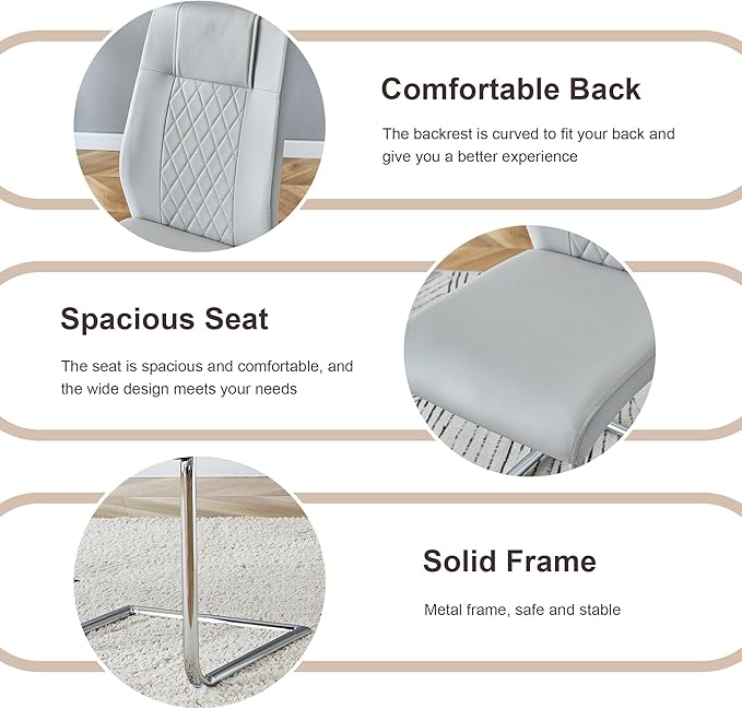 AZmac 63" Modern Dining Table Set for 6, White Dining Room Set for 6, Tempered Glass Kitchen Table and PU Leather Chairs, Marble Pattern Top with Sturdy Silver Chrome Base