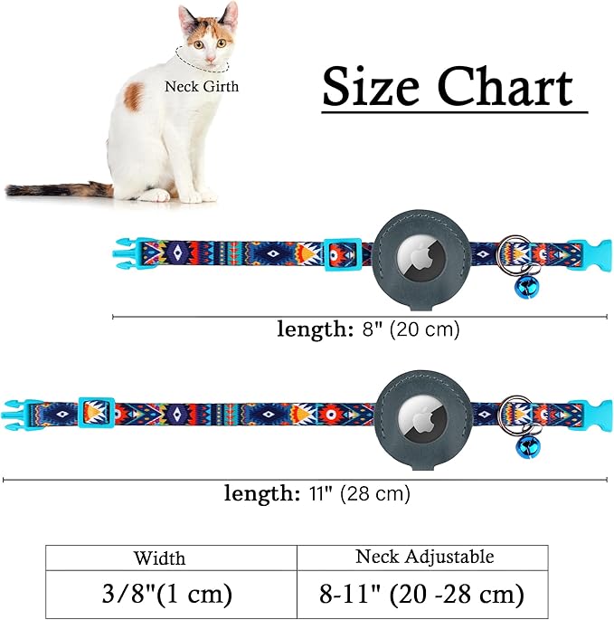 Airtag Cat Collar with Bell - Non Breakaway Soft Pet Collar with Leather Air Tag Holder - Adjustable GPS Anti-Lost Collars for Girl Boy Cats Kitten Puppies, Lightweight and Patterned (Aztec Blue)