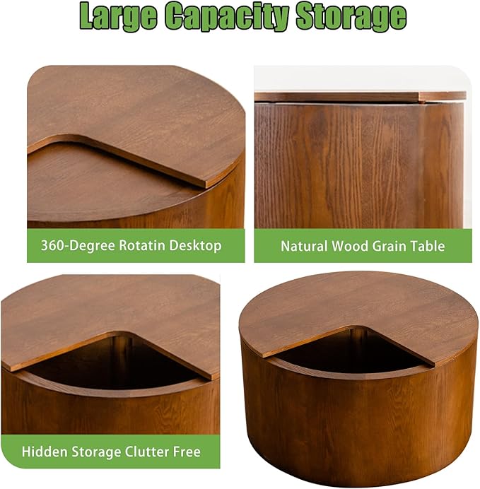 Mid - Century Modern Round Drum Coffee Table with 360° Rotating Desktop & Storage, 27.16" Walnut Small Center Table for Living Room & Home Small Spaces (Walnut 27.16)