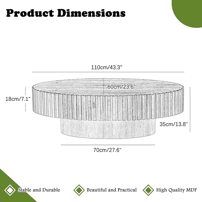 Oval Coffee Tables for Living Room 43.3" Olive-Shaped Fluted Coffee Table with Sturdy Pedestal Modern Wood Drum Coffee Table Contemporary Center Table for Farmhouse Apartment (Oval Walnut)