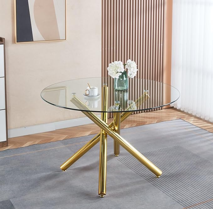 47.24" Round Dining Table for 6 8, Modern Clear Glass Kitchen Table for 6 with Gold X Metal Legs, Contemporary Circle Dining Room Leisure Dinner Tables for Kitchen Apartment