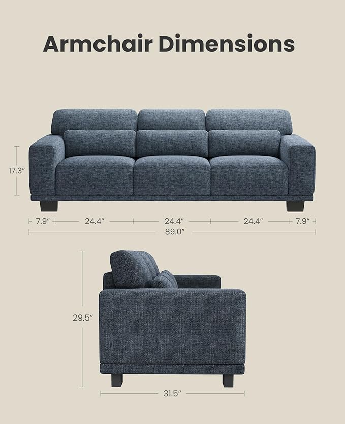 Amada 89" Sofa, 3 Seater Couch for Living Room, Modern Sofa with Deep Seats & Wide Armrests, Comfy Couch with Removable Washable Covers, Linen Fabric, Easy Assembly