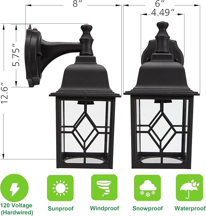 LIT-PaTH Dusk to Dawn Outdoor Wall Lantern, Matte Black Large Exterior Wall Light Fixture, E26 Base, Anti-Rust Aluminum Porch Lighting for Outside, Patio, Garage, 1 Pack