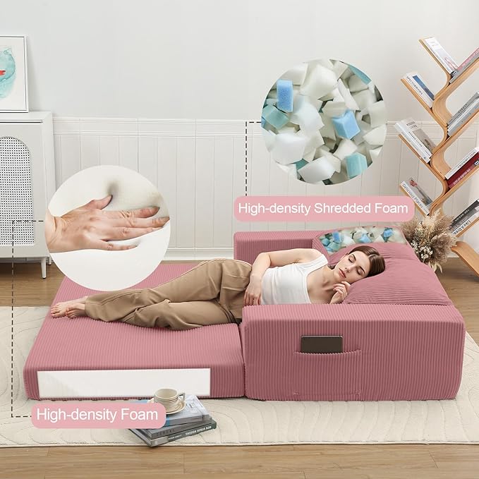 COMAX Convertible Sofa Bed Queen, Folding Fold Out Couch Bed, Floor Futon Couch Corduroy Sleeper Mattress with Back Pillows, Boneless Sofa Comfy Lounge Loveseat for Living Room Bedroom, Pink