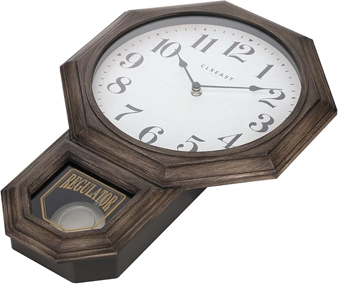 CLXEAST Pendulum Wall Clock, Large Schoolhouse Regulator Pendulum Wall Clocks for Living Room Decor,Dark Grey Oak Finished Plastic,House Warming Gifts New Home,12" W x 17.5" H
