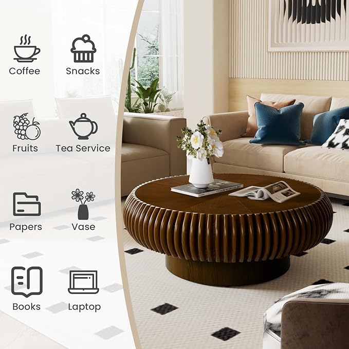 Round Fluted Coffee Table Modern Handcraft Drum Coffee Table with Sturdy Pedestal 31.5" Farmhouse Center Table Tea Table for Living Room, Reception Room, Entertainment Room (Walnut 31.5 inch)