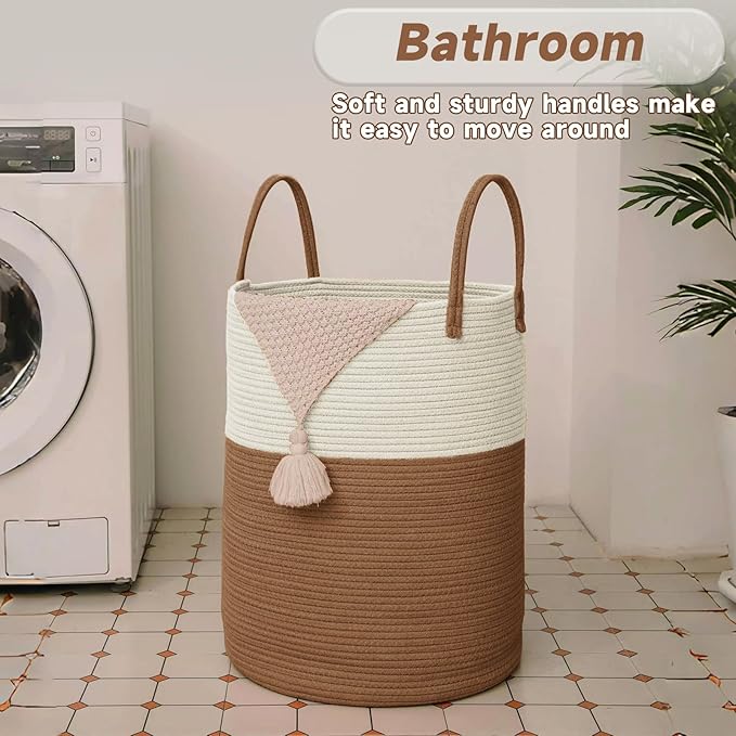Large Woven Laundry Basket Hamper,100L Cotton Rope Storage Bin for Blankets,Toys and Clothes,Decorative Tall Nursery Hamper for Living Room,Baby Nursery,Bathroom and Bedroom,White and Brown