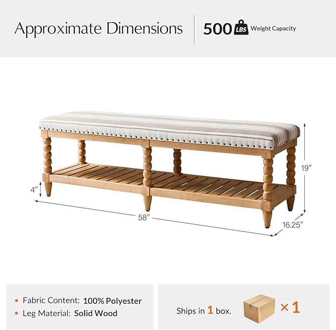 HULALA HOME Farmhouse Entryway Bench, 58" Fabric Bed Bench with Shelf, Solid Spindle Legs, Nailhead Trim Detail for Bedroom, Living Room, Hallway, TAN