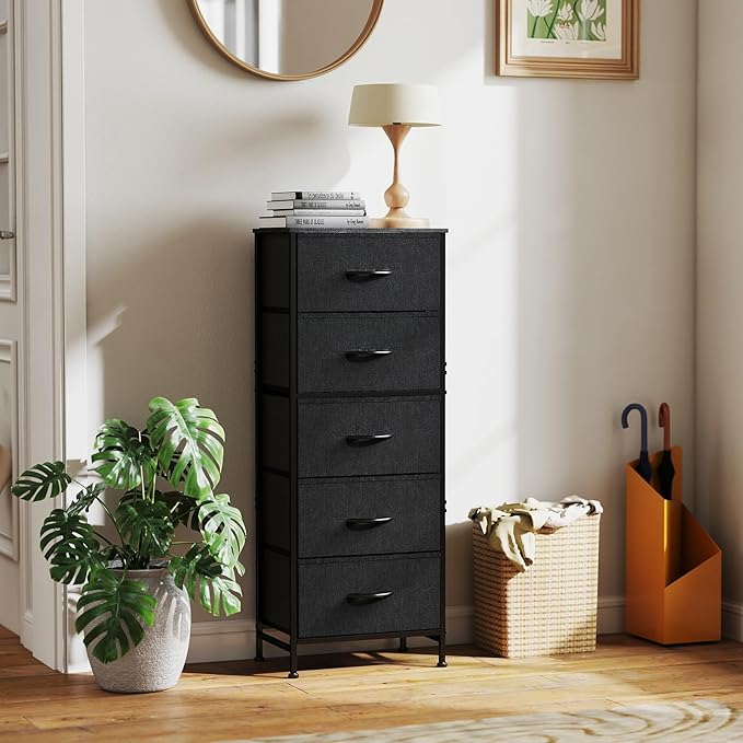 DUMOS Nightstand with 5 Drawers Bedside Table with Removable Fabric Bins Sturdy Steel Frame Wood Top Organizer Furniture for Bedroom Closet Living Room, Black