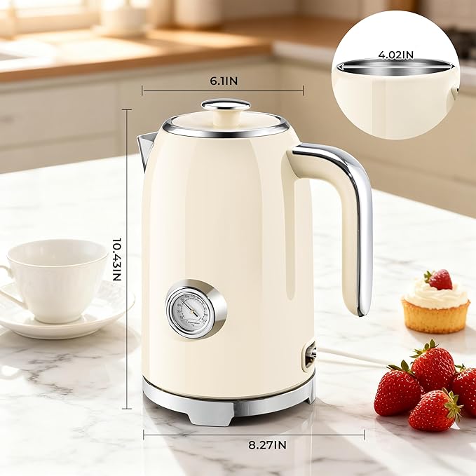 SUSTEAS Electric Kettle - 57oz Hot Tea Kettle Water Boiler with Thermometer, 1500W Fast Heating Stainless Steel Tea Pot, Cordless with LED Indicator, Auto Shut-Off & Boil Dry Protection, Beige
