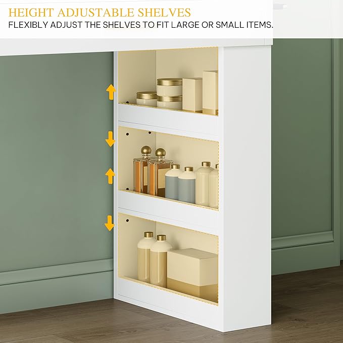 DWVO Makeup Vanity with LED Mirror, 40" Big Vanity Makeup Table with 4 Drawers and 7 Open Storage Shelves, Built-in Power Outlets & Hairdryer Holder, White