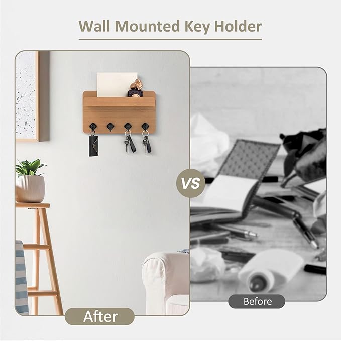 Nekon Key Holder Wall Mount, 8.5 Inch Small Home Decor Wooden Wall Organizer with 4 Hooks and Shelf, Key and Mail Holder for Living Room Entryway Kitchen (Wood)