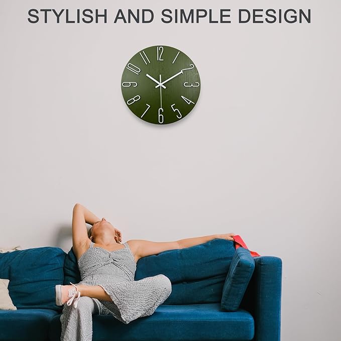 Wall Clock, Silent Clock, Wall Clocks Battery Operated， 12 inch Modern Wall Clock, Suitable for Offices, Living Rooms, Kitchens, Homes, Schools (Green)