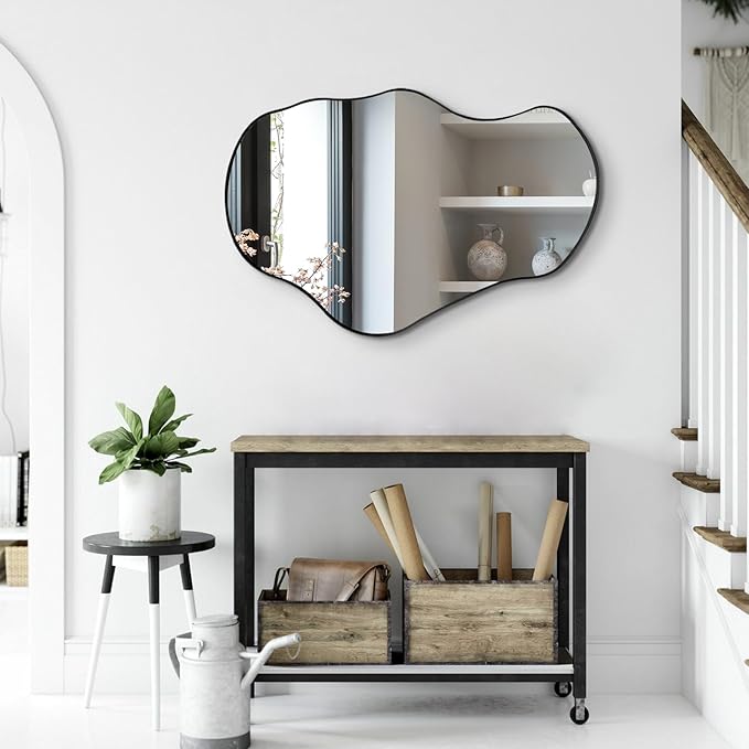 Irregular Shaped Mirror, 30"x20" Asymmetrical Mirrors with Metal Frame, Abstract Wall Mirrors Decorative, Modern Funky Mirror for Living Room Bathroom Bedroom Hallway Entryway Fireplace