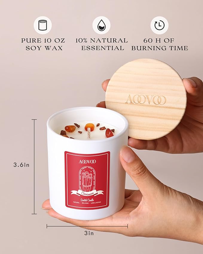 AOOVOO Cinnamon Scented Candles for Women - Aromatherapy Candle with Crystals Inside, 10oz Soy Candles for Home Scented, Birthday Gifts Christmas Candle for Women Mom