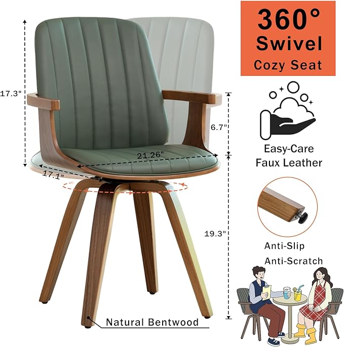 MCM Dining Chairs, Set of 6 Mid Century Modern Chairs with Walnut Craftsmanship, Upholstered Faux Leather, Wooden Arms and Legs, Faux Leather Dining Chairs for Kitchen/Living Room - Green