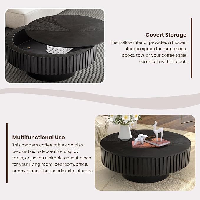 Round Drum Coffee Table with Storage, 31.5" Modern Handcraft Fluted Drum Coffee Table, Wooden Circle Center Table with Sturdy Pedestal for Living Room Apartment (31.5" Black with Storage)