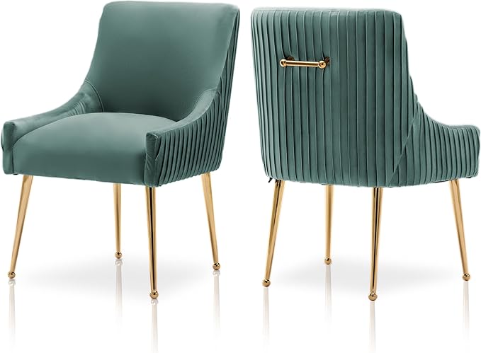 Dining Chairs, Accent Chairs Set of 2, Modern Upholstered Kitchen Dining Room Chairs with Gold Legs, Fabric Tufted Velvet Living Room Chairs for Reception Room Bedroom Guest Room (Green)