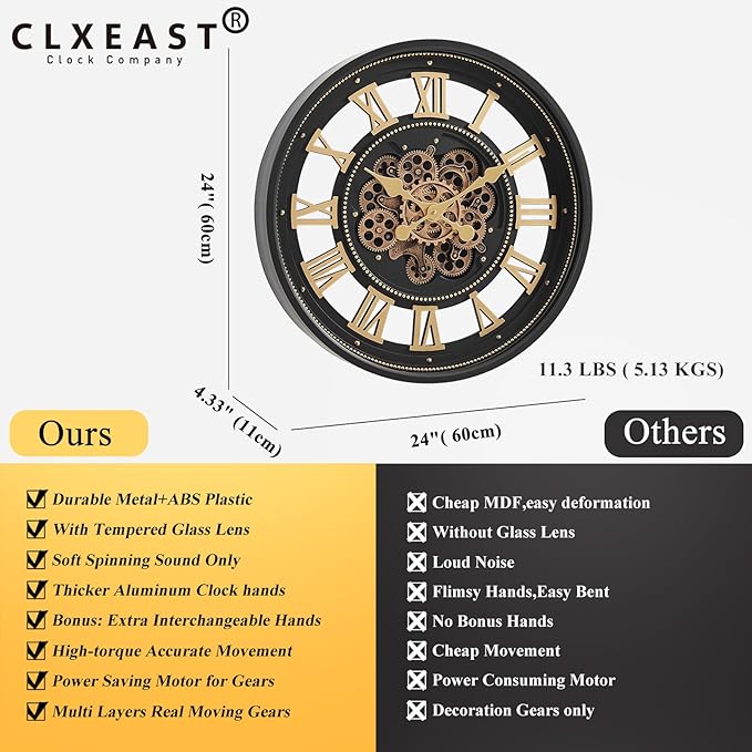 CLXEAST 24 Inch Wall Clock with Moving Gears, Large Roman Numeral Gear Clock for Living Room Decor,Modern Black& Gold Finish,House Warming Gifts New Home