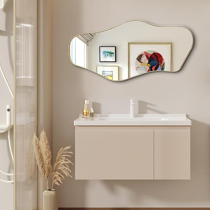 Gold Irregular Mirror, Asymmetrical Mirrors Decorative, 40"x18" Unique Shaped Mirror with Metal Frame, Modern Abstract Mirrors for Living Room Bathroom Bedroom Hallway Entryway Fireplace