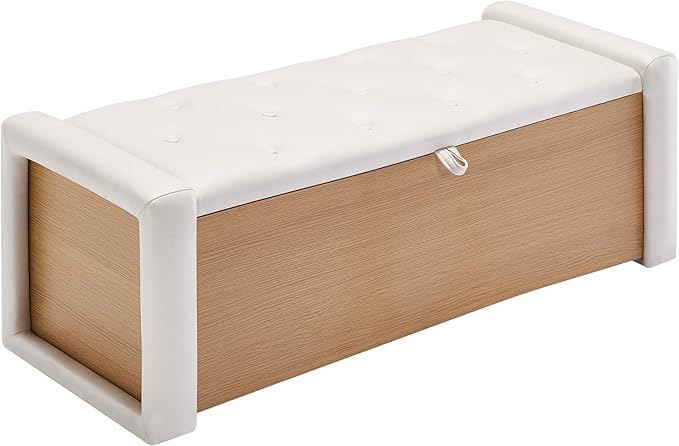 48" Large Storage Ottoman Bench, Faux Leather Upholstered Bed Bench with Button Tufted, End of Bed Ottoman with Safety Hinge for Bedroom, Living Room, Window，or Entryway, Beige Shoe Storage Chest