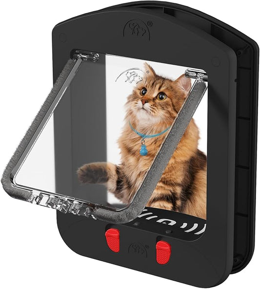 [ALUMANI] Cat Door for Interior Door and Exterior Door, 4 Way Locking Cat Door with Magnetic Flap, Collar Activated Pet Door, 2pcs of Cat Magnetic Collars, Black