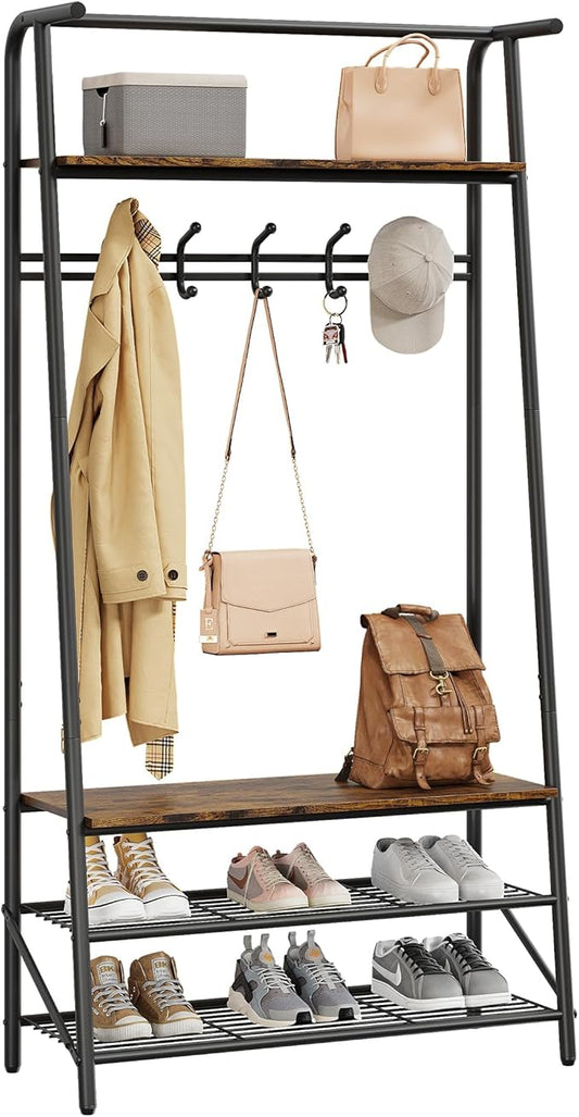 MDF Hall Tree with Bench, 4-in-1 Entryway Coat Rack with Storage Shelf & Shoe Organizer, Sturdy Freestanding Furniture for Living Room, Bedroom, Mudroom