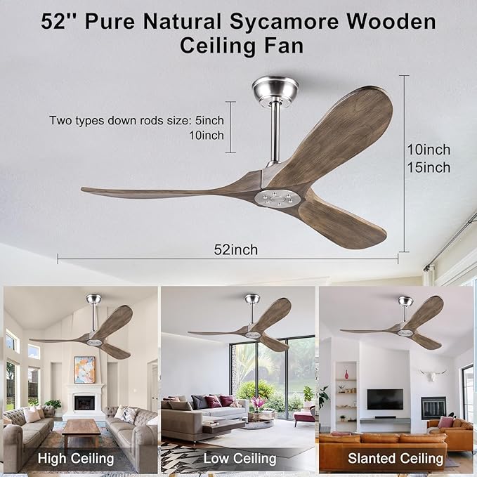 52 inch Ceiling Fan without Light, Quiet Reversible DC Motor Wood Ceiling Fan no Light, 3 Blades Modern Ceiling Fan with Remote Control for Outdoor Indoor Farmhouse Patios