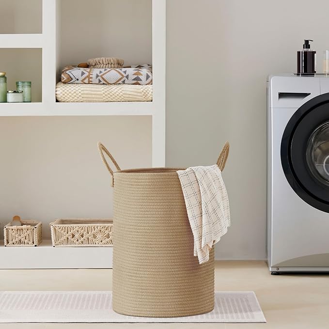VIPOSCO Large Laundry Hamper, Tall Woven Rope Storage Basket for Blanket, Toys, Dirty Clothes in Living Room, Bathroom, Bedroom - 58L Jute