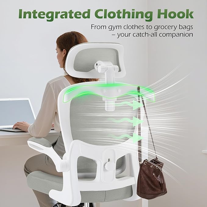 Office Chair Ergonomic Desk Chairs with Adjustable Lumbar Support& Headrest Hanger, High Back Breathable Mesh Chair with Wheels, Rolling Swivel Comfy Task Computer Chair for Home Work Gaming