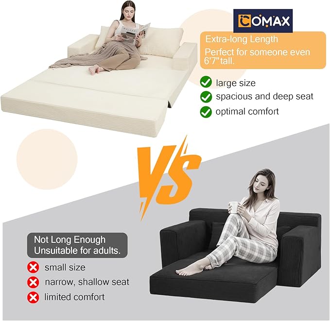 COMAX Convertible Sofa Bed Queen, Corduroy Folding Floor Couch Pull Out Couch Bed Futon Sleeper with Pillows, Fold Out Boneless Sofa Comfy Lounge Mattress Loveseat for Living Room Bedroom, Beige