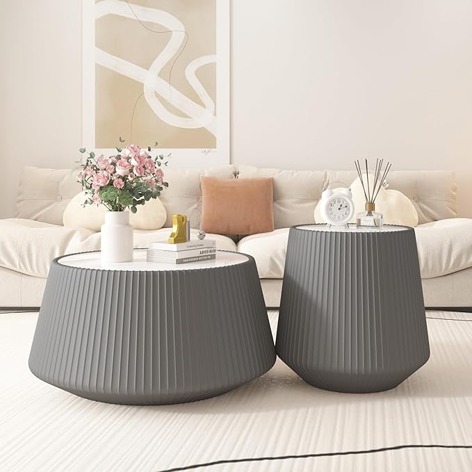 Round Coffee Table Set with Sintered Stone Tabletop, 26.77" Grey Drum Center Table and 19.68" Grey Coffee Table Set, 2 Pieces Living Room Table Set with Fluted PU Leather Cover& Stable Base