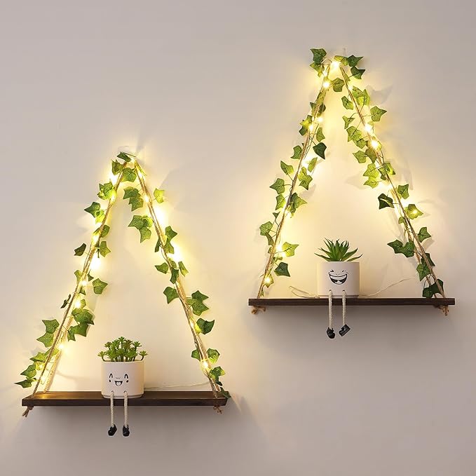Floating Shelves for Wall, Hanging Shelves with Artificial Ivy LED String Light, No Drilling Hanging Shelf, Wood Hanging Plant Shelves for Wall Décor, Boho Decor, Art Bedroom, Set of 2
