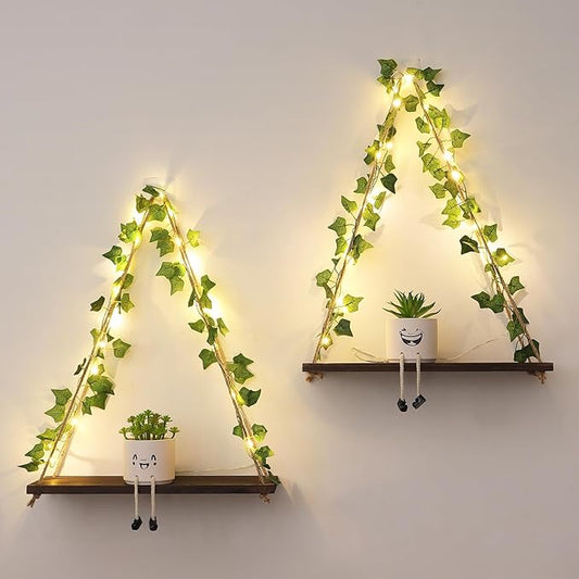 Floating Shelves for Wall, Hanging Shelves with Artificial Ivy LED String Light, No Drilling Hanging Shelf, Wood Hanging Plant Shelves for Wall Décor, Boho Decor, Art Bedroom, Set of 2