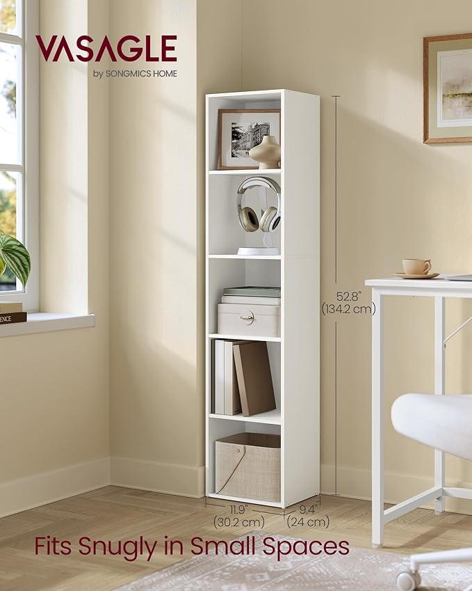 VASAGLE Custos Collection - Bookshelf, 5-Tier Bookcase, Book Shelf, Open Storage Shelf, 9.4 x 11.9 x 52.8 Inches, for Living Room, Home Office, Dinning Room, Cloud White ULBC419W01