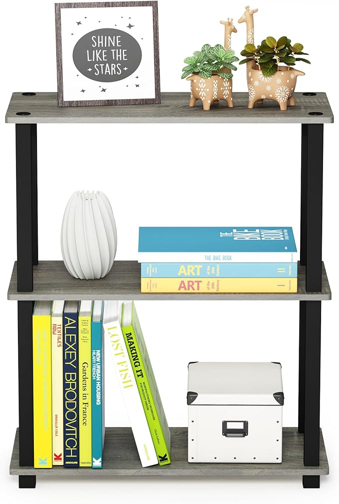 Furinno TURN-S-TUBE Storage Shelves Set of 2, 3-Tier Book Shelf, Corner Shelf, Toolless Open Shelves, Square Tubes, for Organization and Storage, Living Room, Garage, Home Office, French Oak